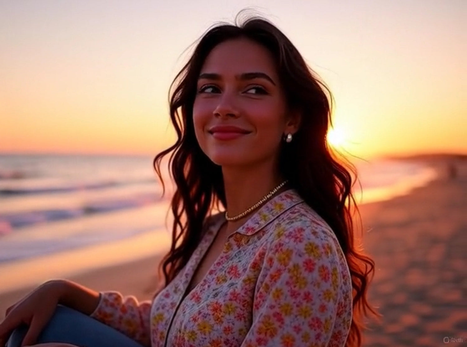 Image of woman wearing golden necklace and golden earrings on a beach