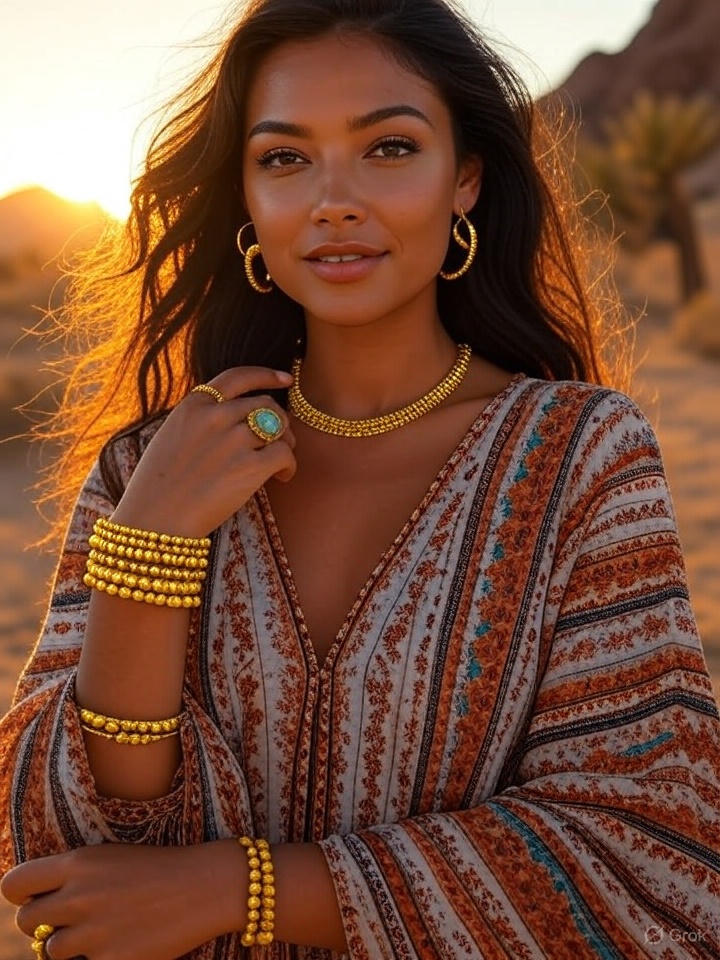 Free spirited woman wearing golden bracelets. Bracelets