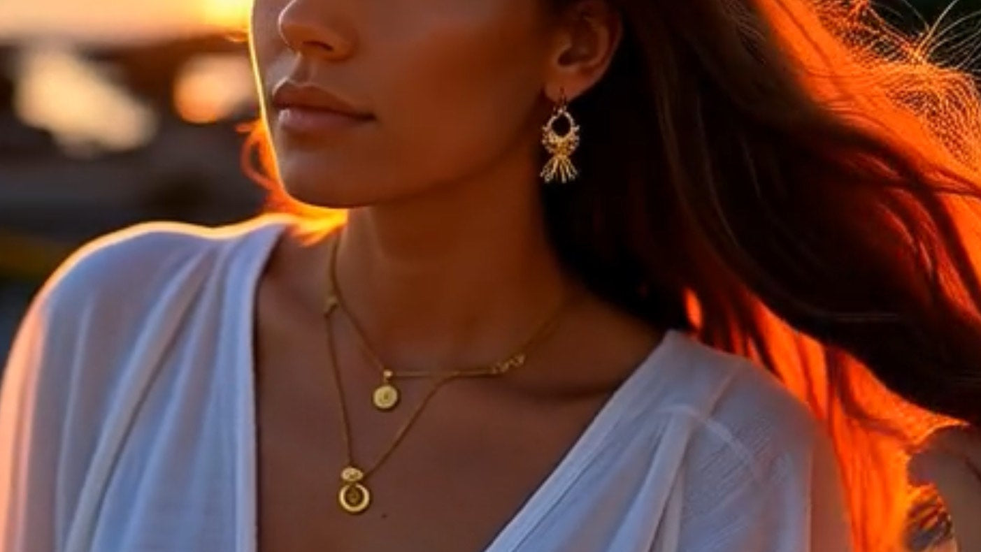 Woman with flowing hair against a sunset background Wearing golden jewelry - gold earrings and gold necklace
